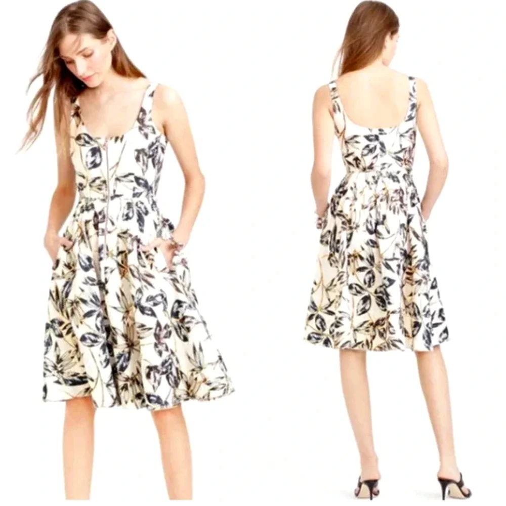 J.Crew Gold Foil Leaf Linen Dress Size 8